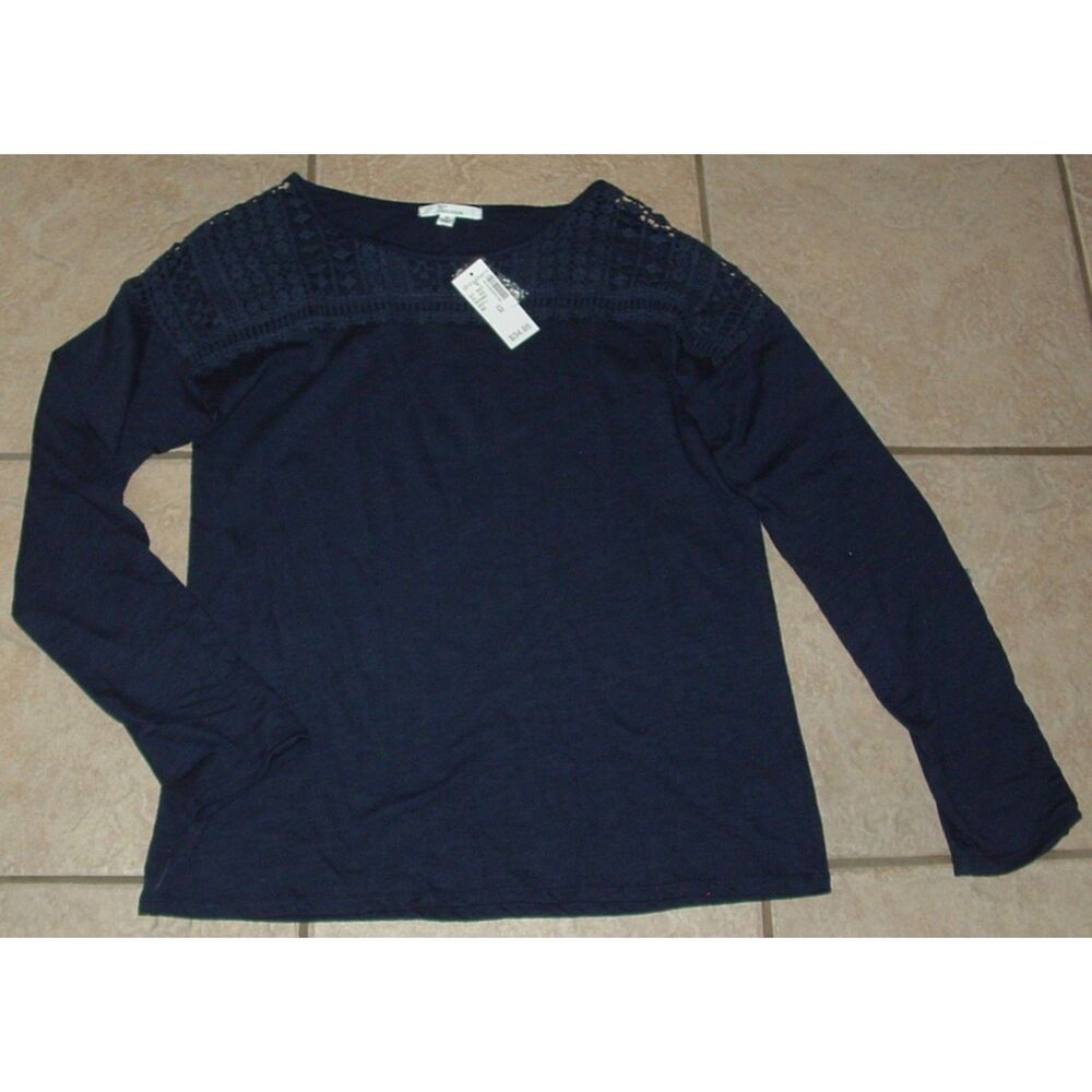 NWT Navy Blue Sz Medium Crochet Front Long Roll Tab Sleeve Shirt 89TH & MADISON